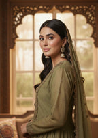 MMG Garments BALOCHI GRACE|CHIFFON EMBROIDERED PISHWAS MOSS GREEN MMG 1097 Women 3pcs