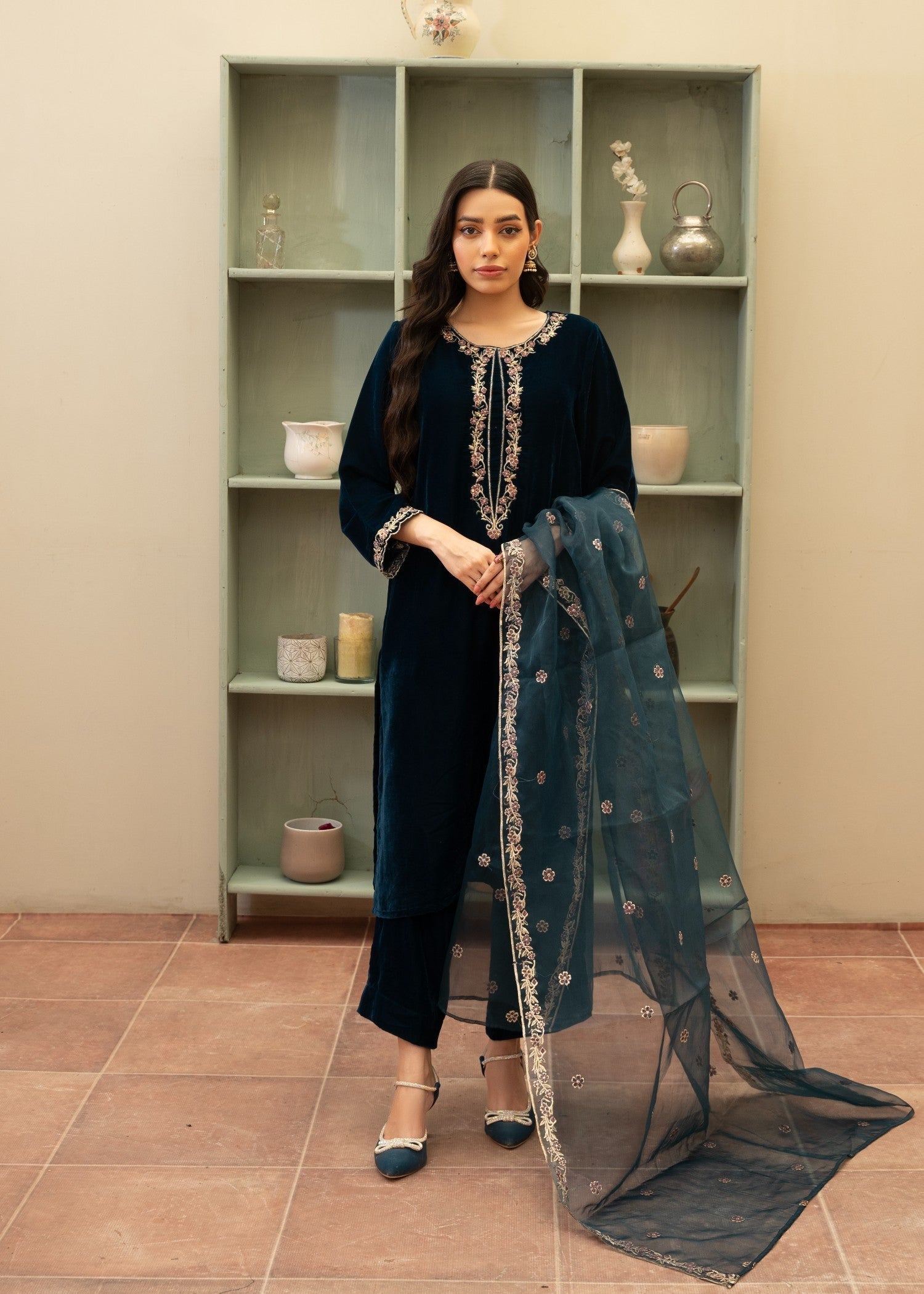Naaz Couture Velvet Embroidered Suit Teal Women 3pcs
