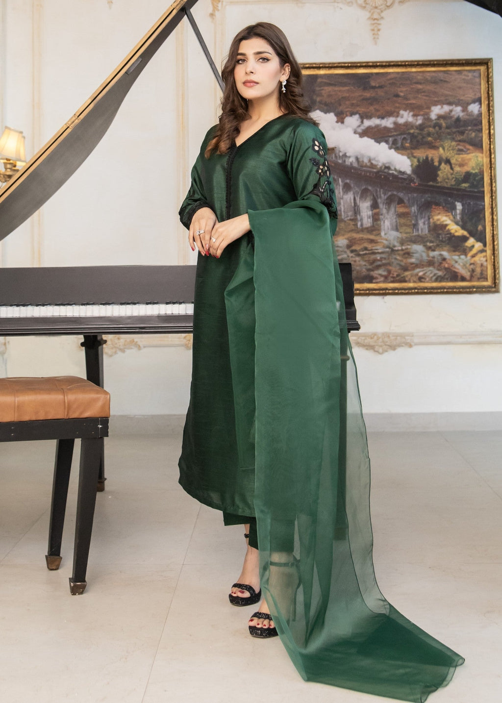 Naaz Couture Bottle Green Embroidered Raw Silk Suit Women 3pcs