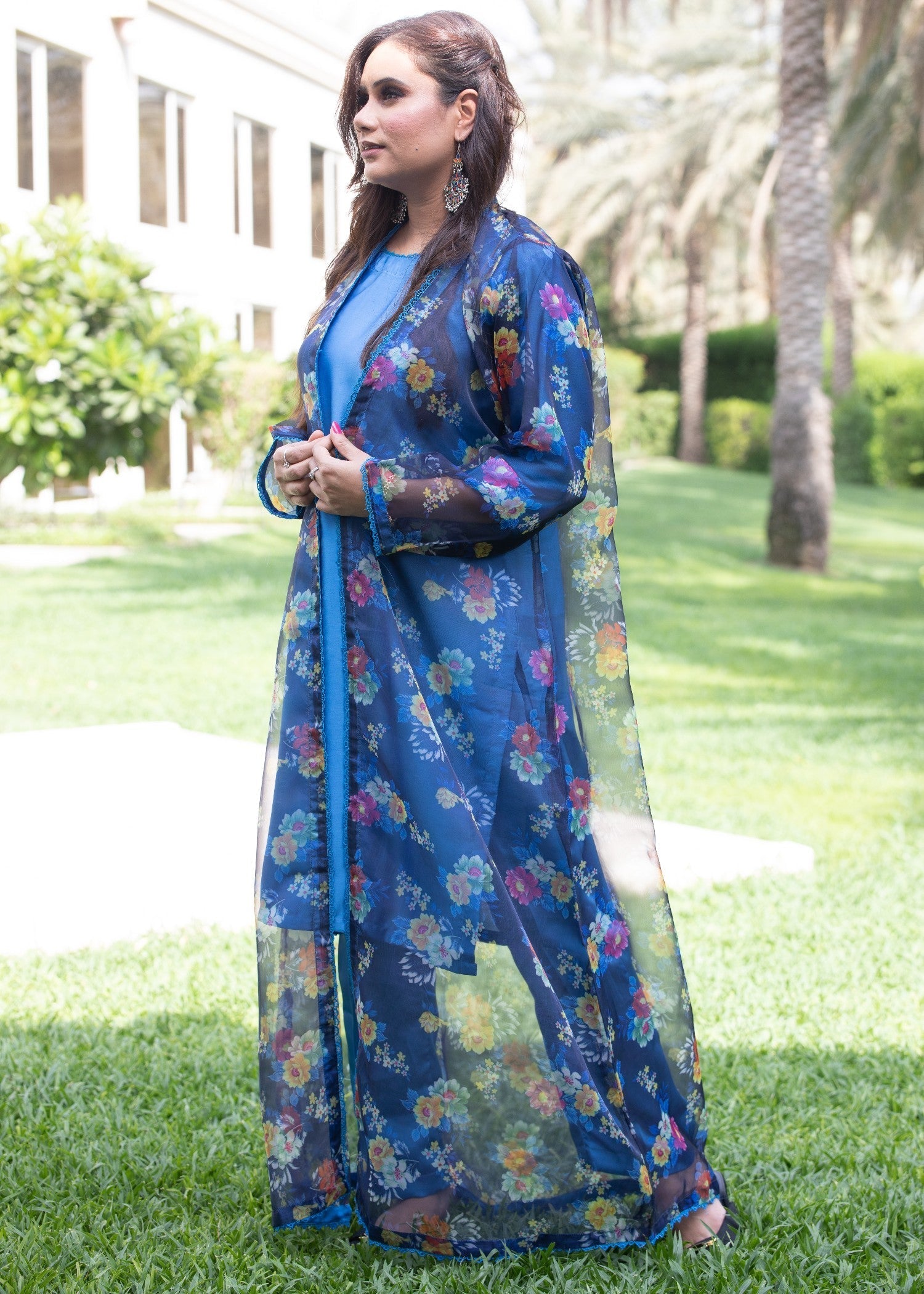 Hayati Collections Organza | Printed Gown with Silk Inner | | Dark Blue Women 3pcs