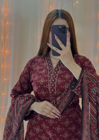 Gulposh Ajrak Mehroon (Digital Printed with Farshi Shalwar) Women 3pcs