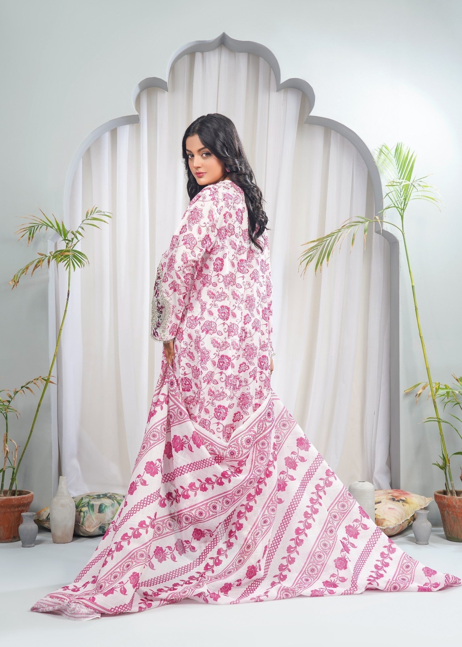 Dareechay Off White Ivory Petals Print Suit (Frock) FOP36 Women 3pcs