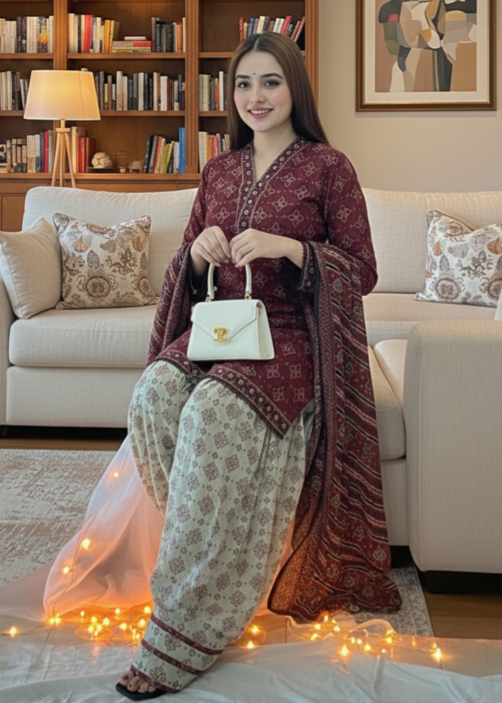 Gulposh Chunri Mehroon (Digital Print with Farshi Shalwar) Women 3pcs