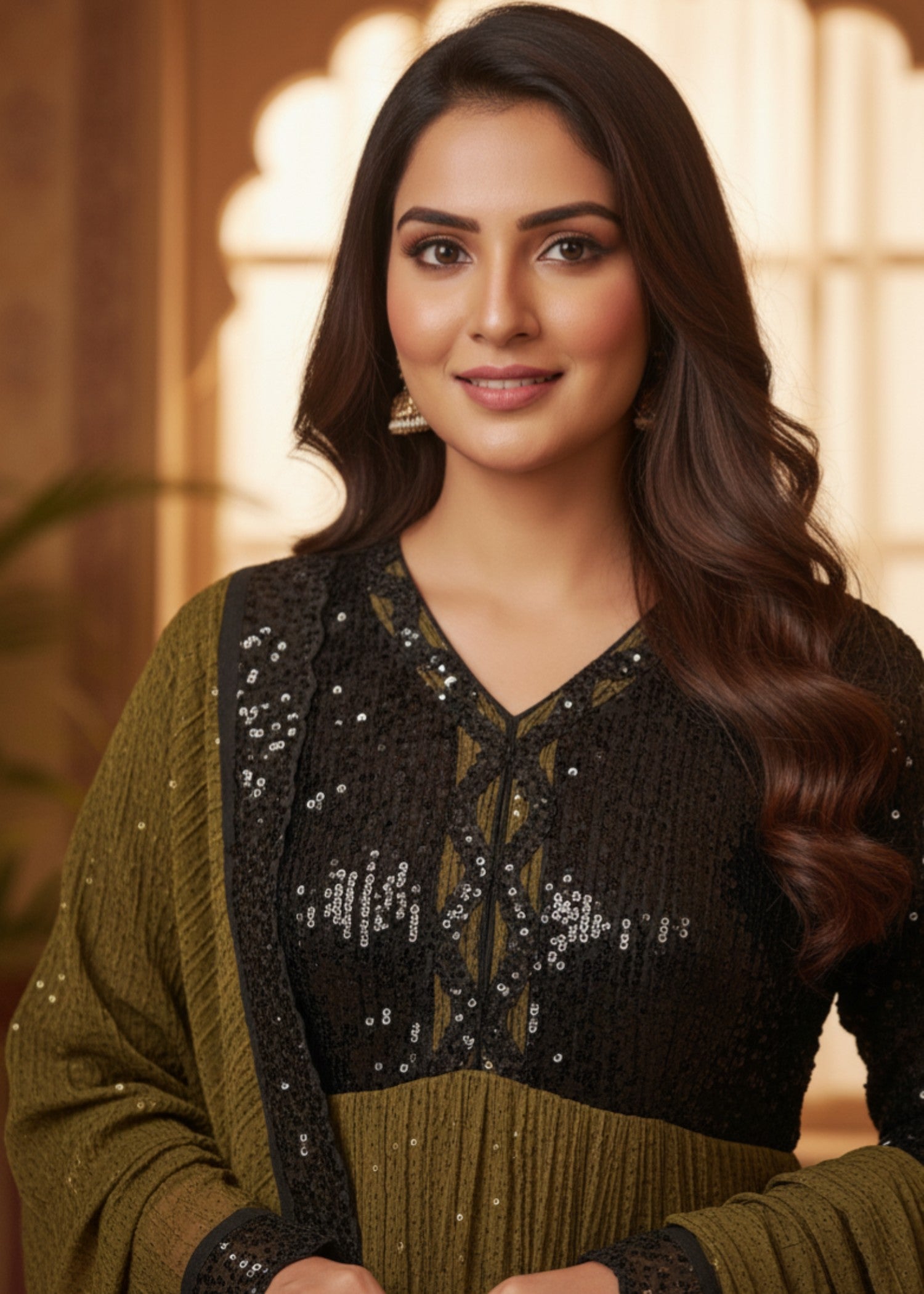 MMG Garments ZAREEN SITARA CLASSICAL CREATION SEQUINE FROCK OLIVE GREEN MMG 204 Women 3pcs