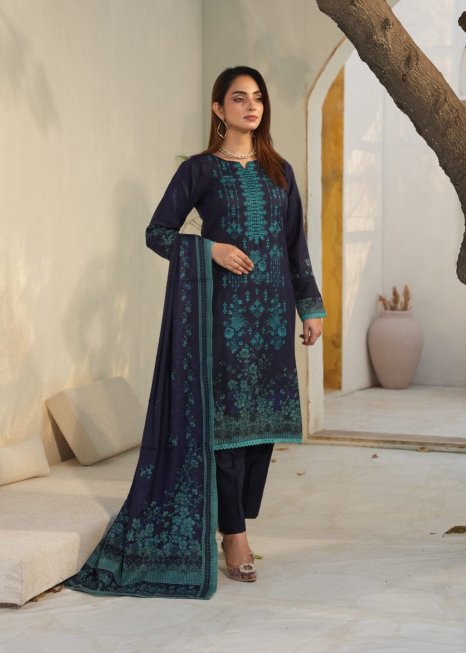 Designer Rack Dhanak digital embraided deep navy blue Women 3pcs