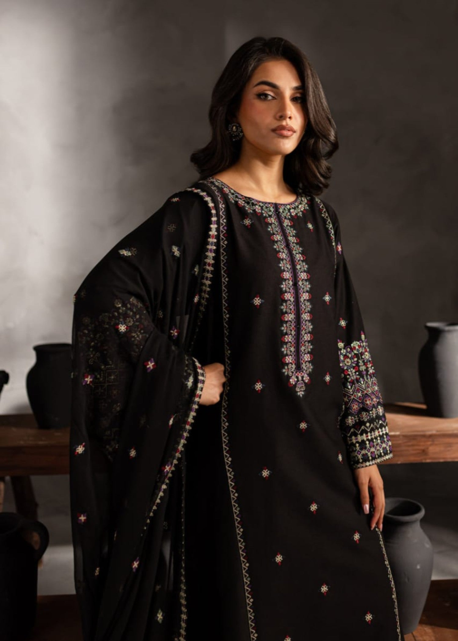 Shehroz Fashion Black Orchid lawn embroidery suit Women 3pcs