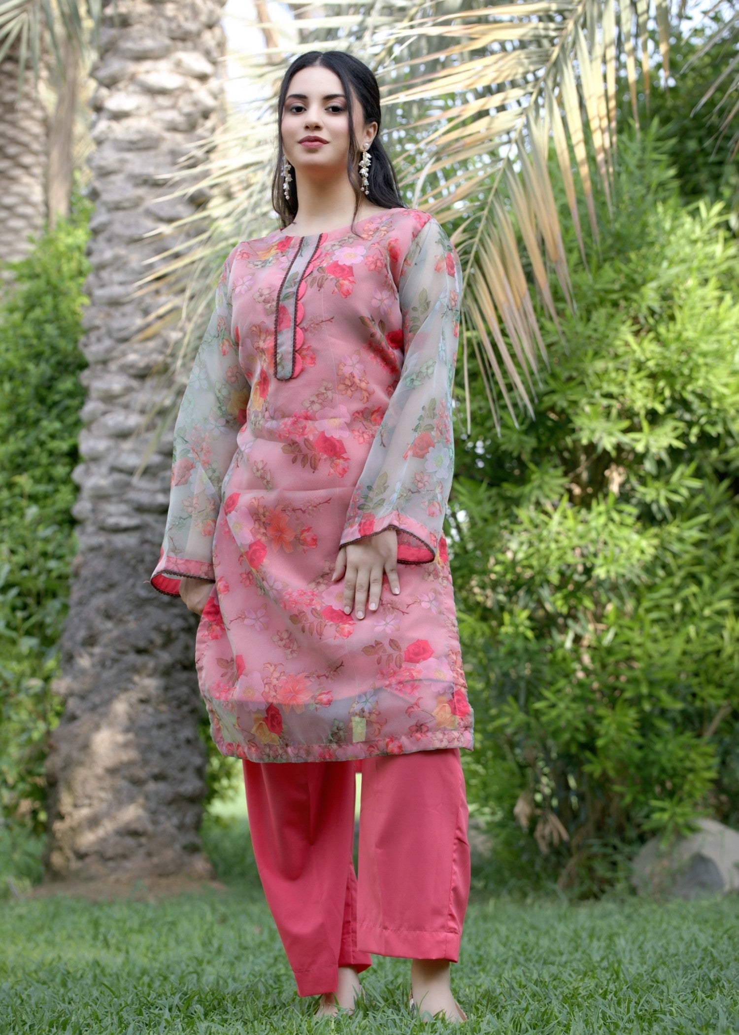 Hayati Collections Organza Printed Suit |Tea Pink Women 2pcs