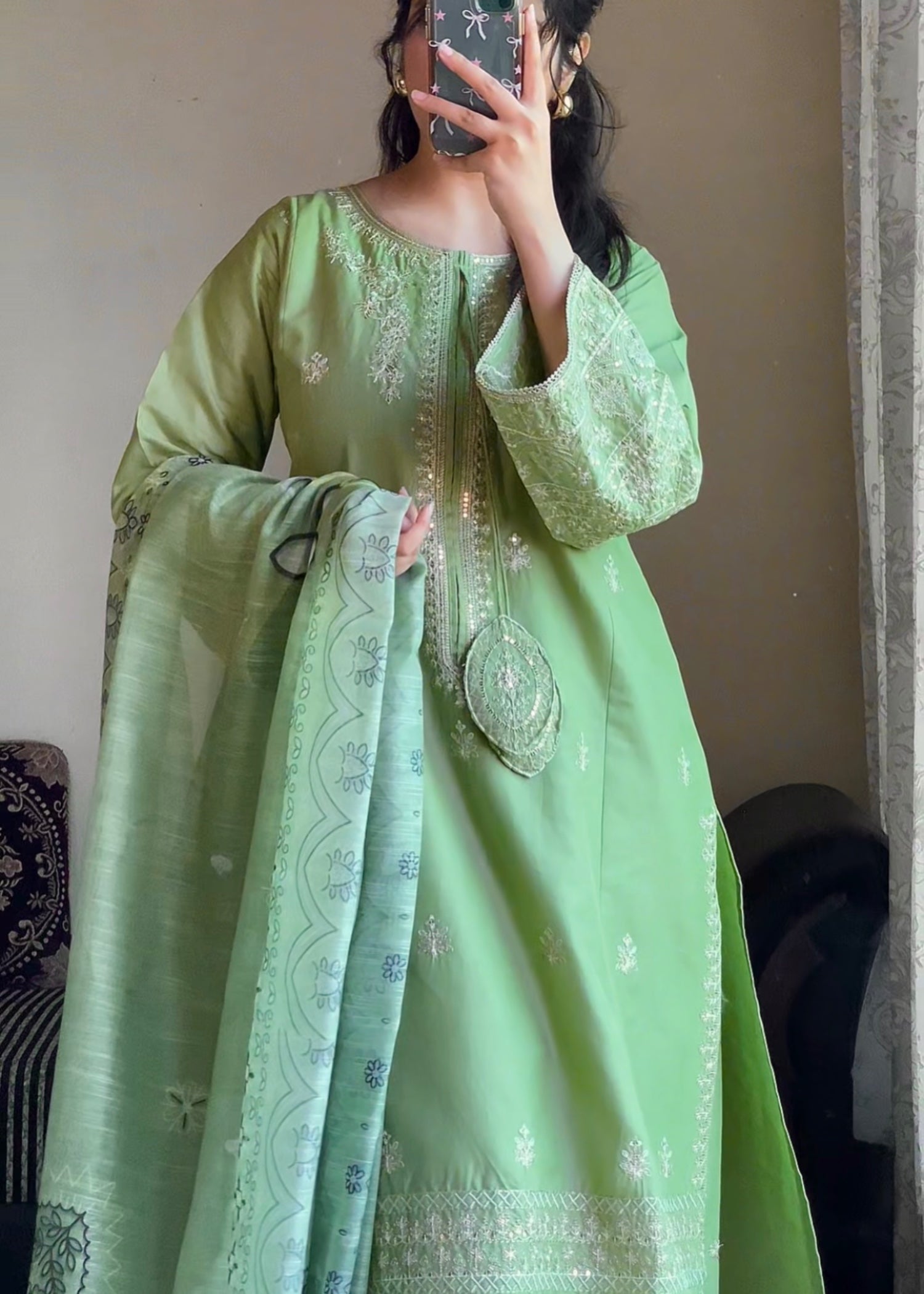 Attirepret Pistachio Green Embroidered Cotton Suit – By Women 3pcs