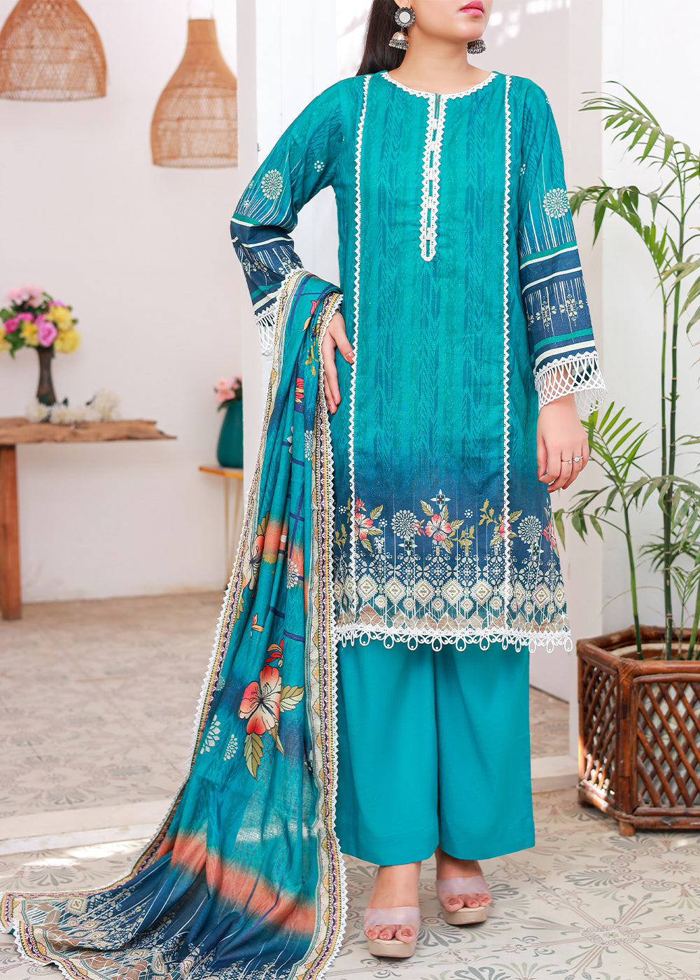 Green Blue Printed stitched lawn suit Women 3pcs
