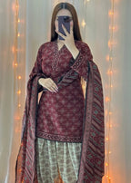 Gulposh Ajrak Mehroon (Digital Printed with Farshi Shalwar) Women 3pcs