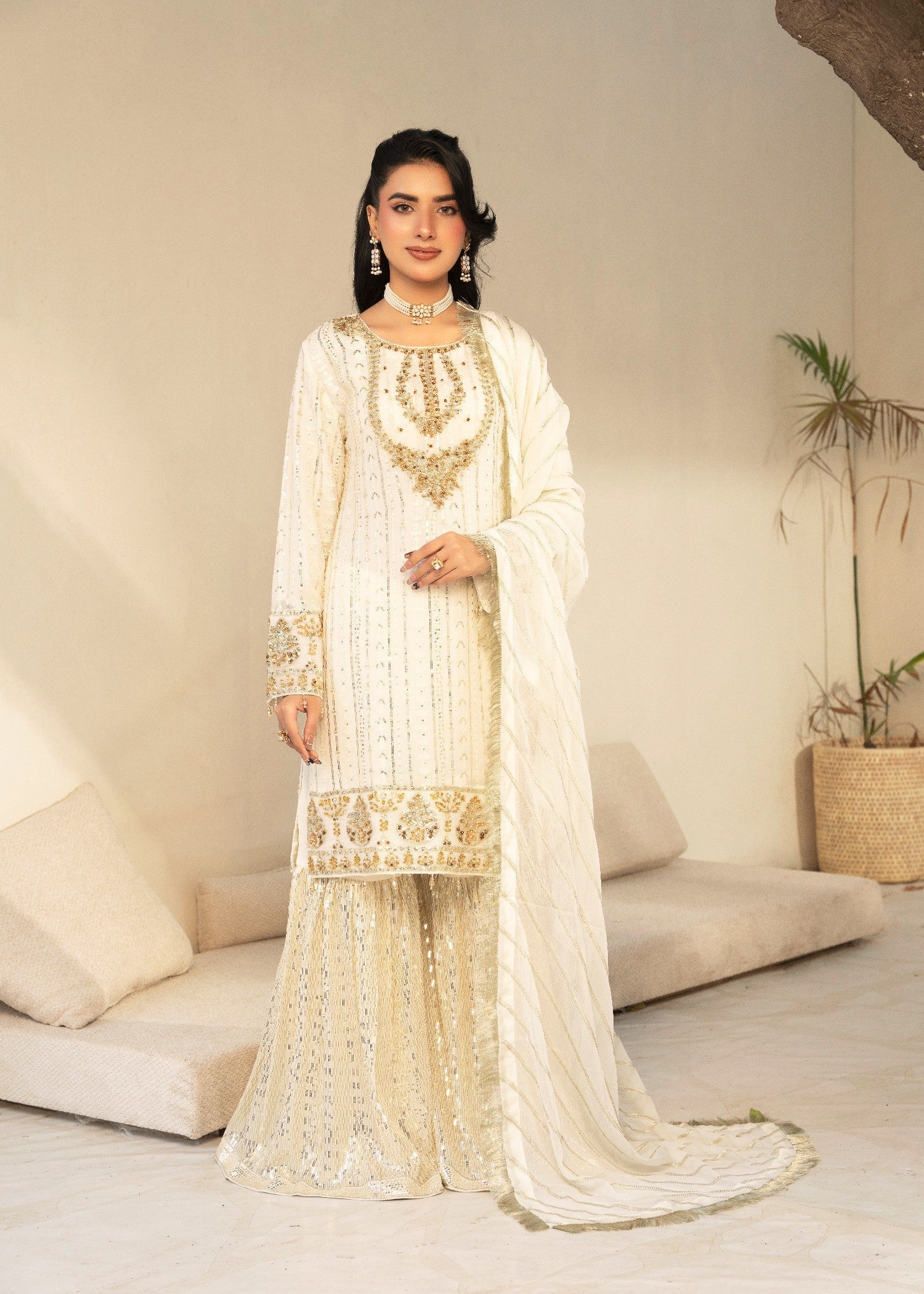 Designer Rack chiffon white Gharara Women 3pcs