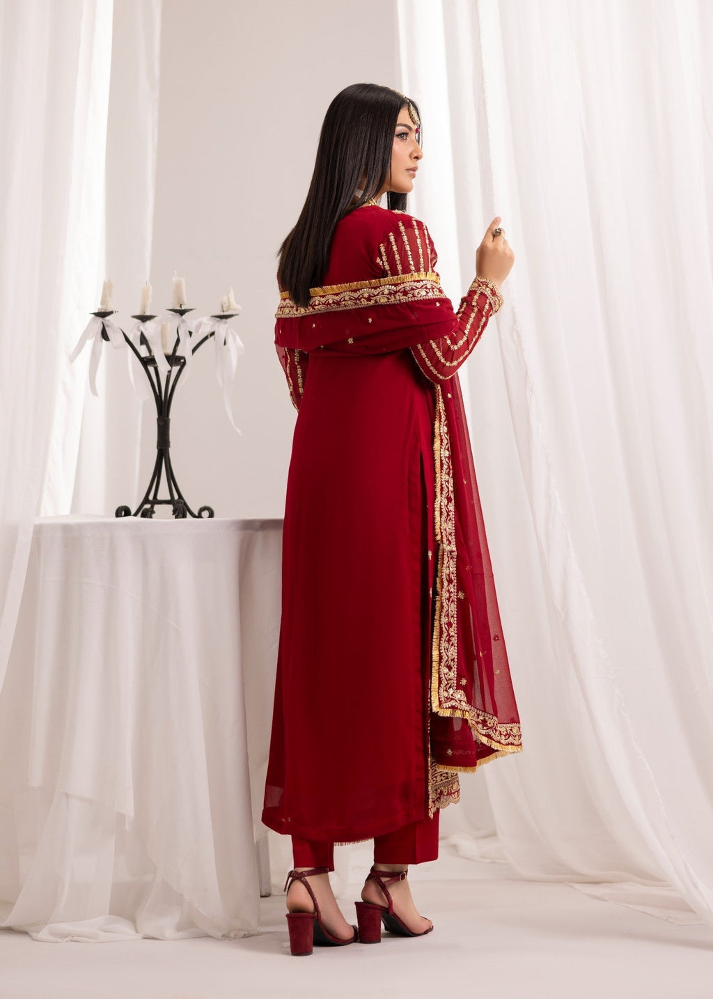 Alyssa MAROON CHIFFON SUIT ALL908 Women 3pcs