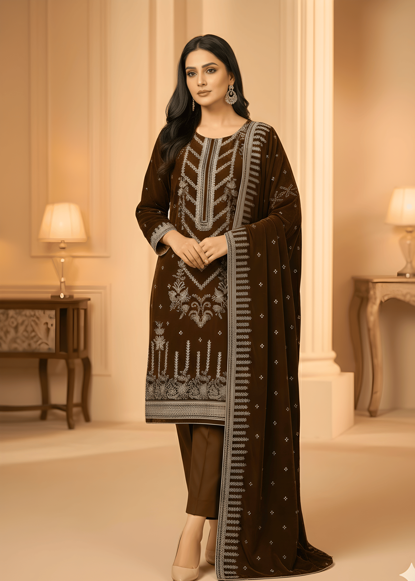 Sutar Chestnut Royale – Velvet Embroidered Set Women 3pcs