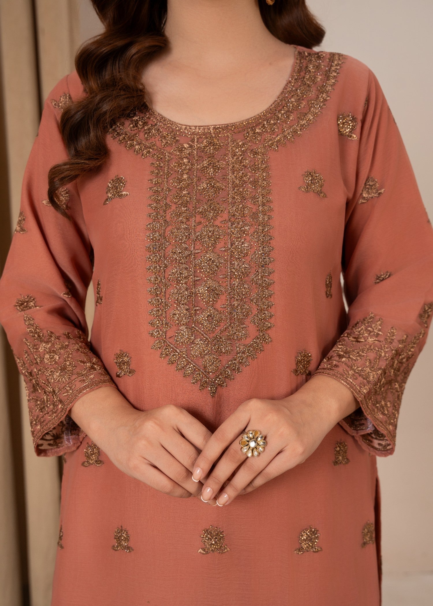 Four Season Boutique YUMNA PLAZZO PEACH PINK Women 3pcs