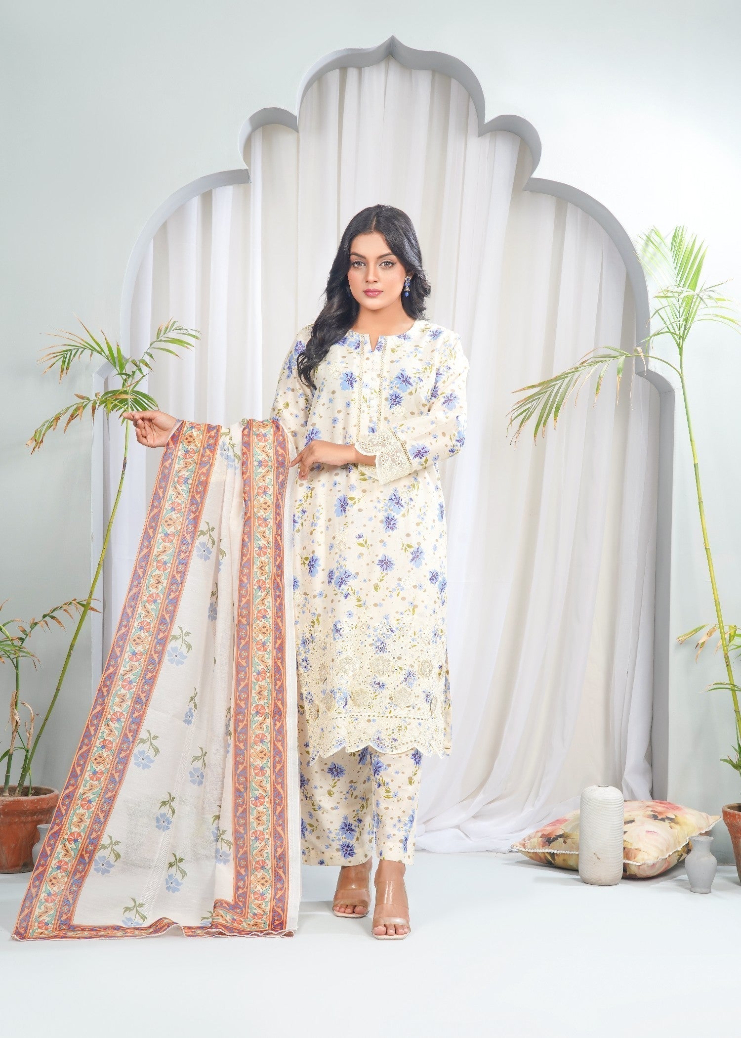 Dareechay Ivory Bloom Print Suit FOP37 Women 3pcs
