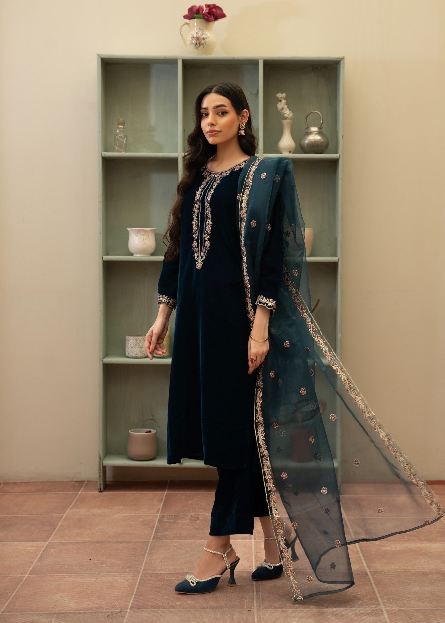 Naaz Couture Velvet Embroidered Suit Teal Women 3pcs