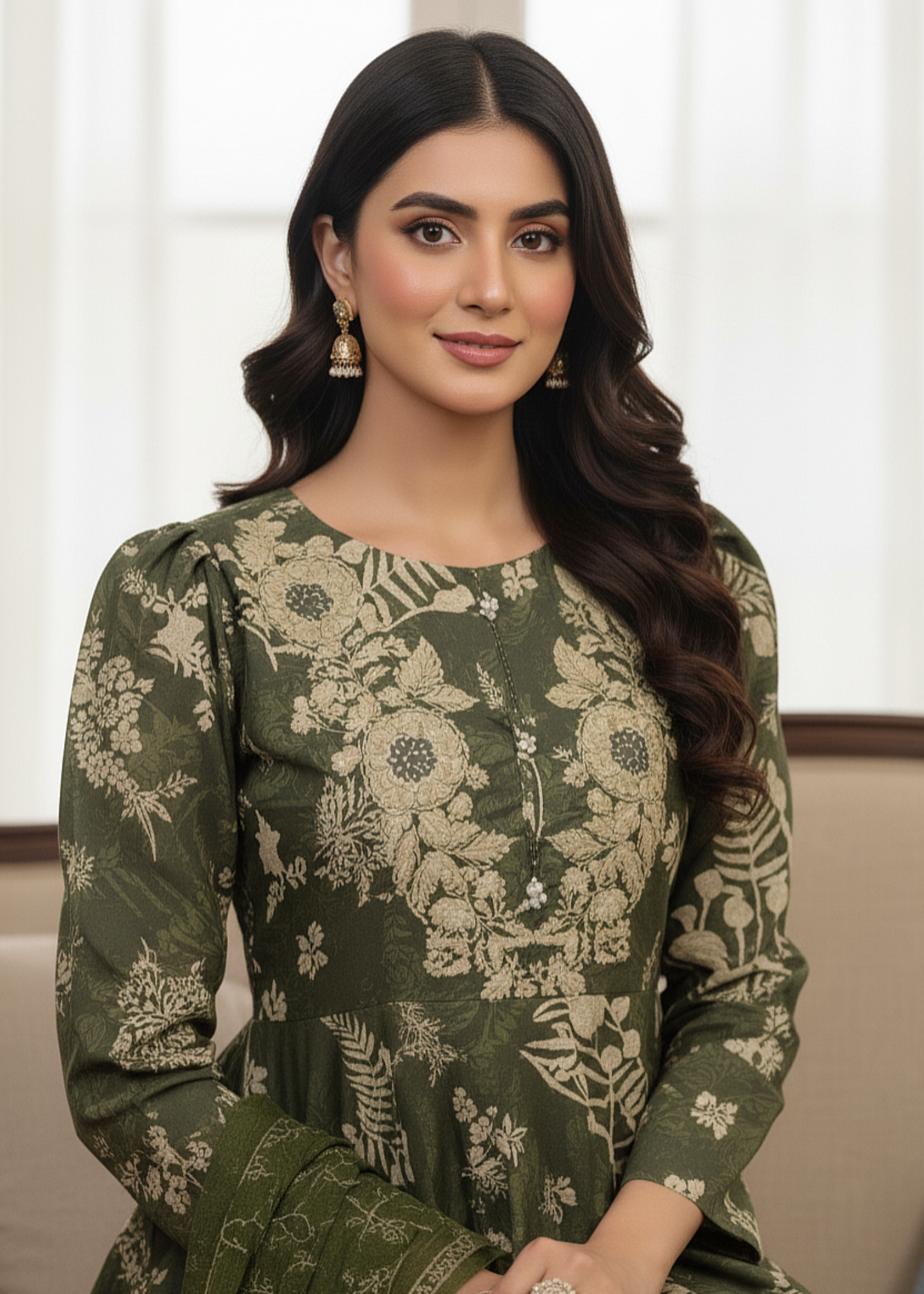 MMG Garments NARGIS|DIGITAL PRINTED PEPLUM OLIVE GREEN MMG 1072 Women 3pcs