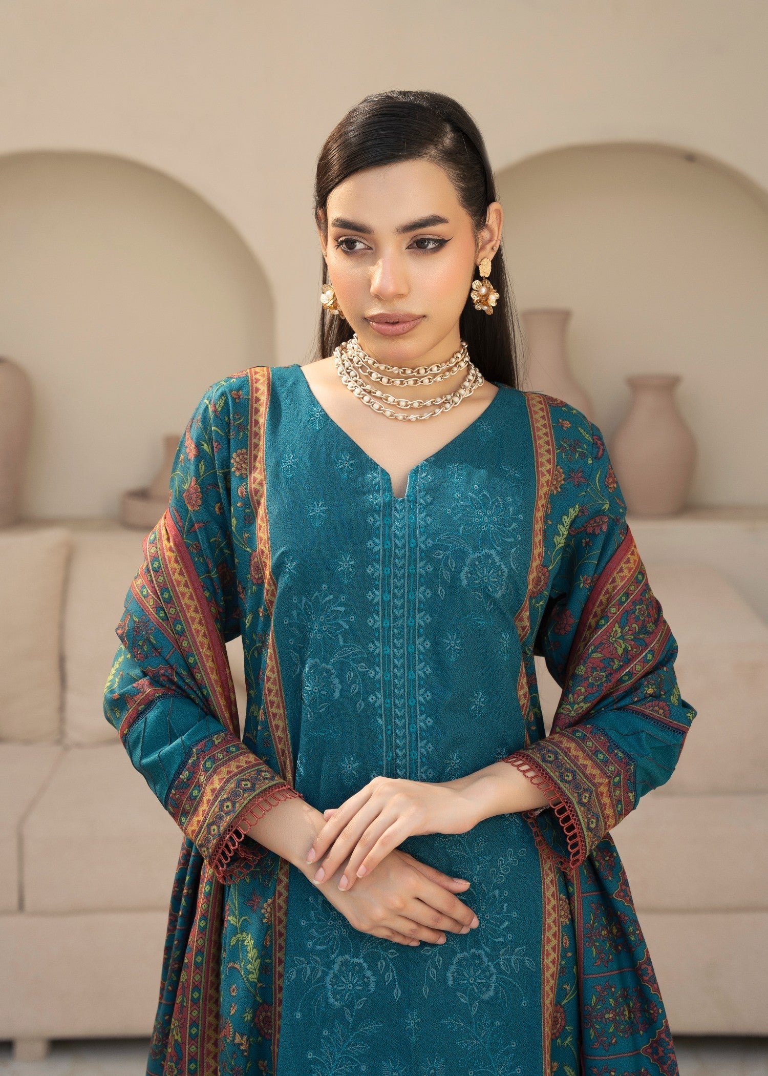 Designer Rack digital print embraided Dhanak teal Women 3pcs