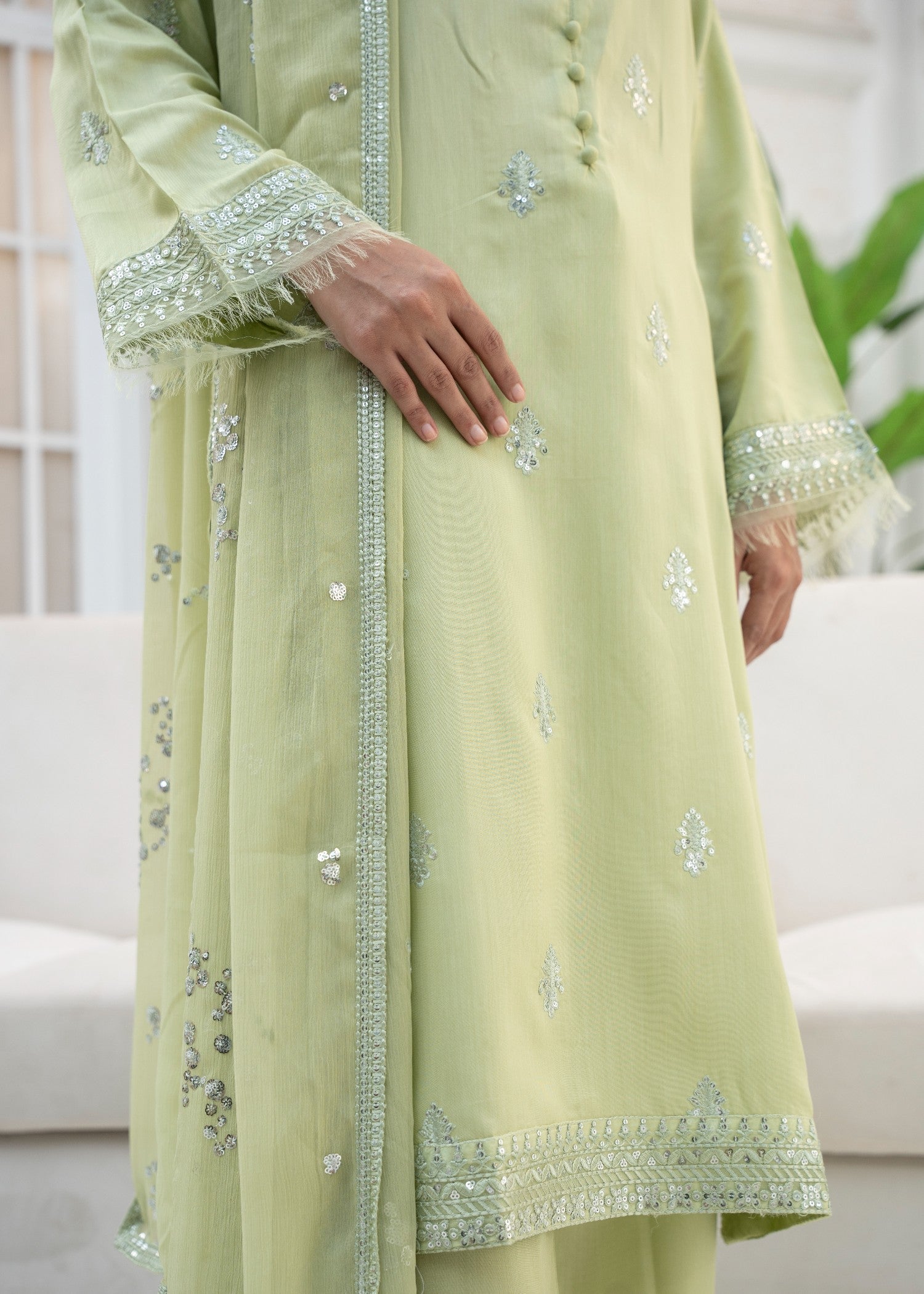 Maharani Official Noor e eid Pista Embroidered Stitched suit Women 3pcs