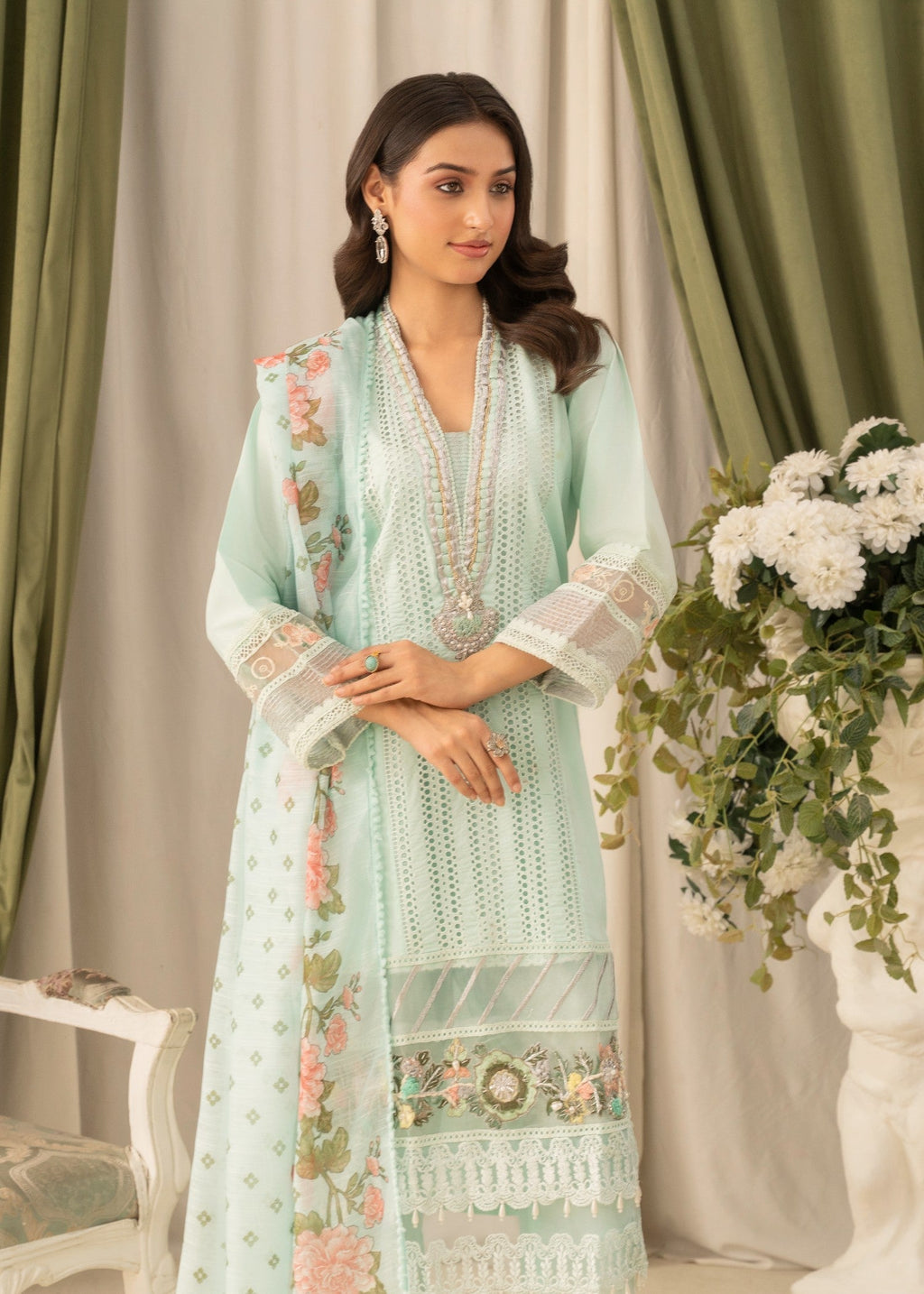 Khubsurat 3558 KH CT Ice Blue Embroidery Long Shirt Cotton Women 3pcs