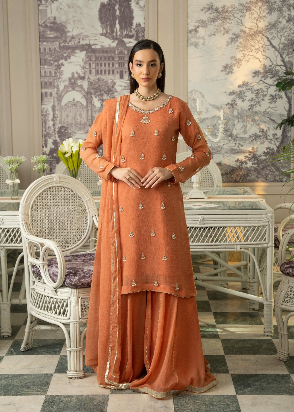 Maira Fashion Rust Orange Sharara Women 4pcs