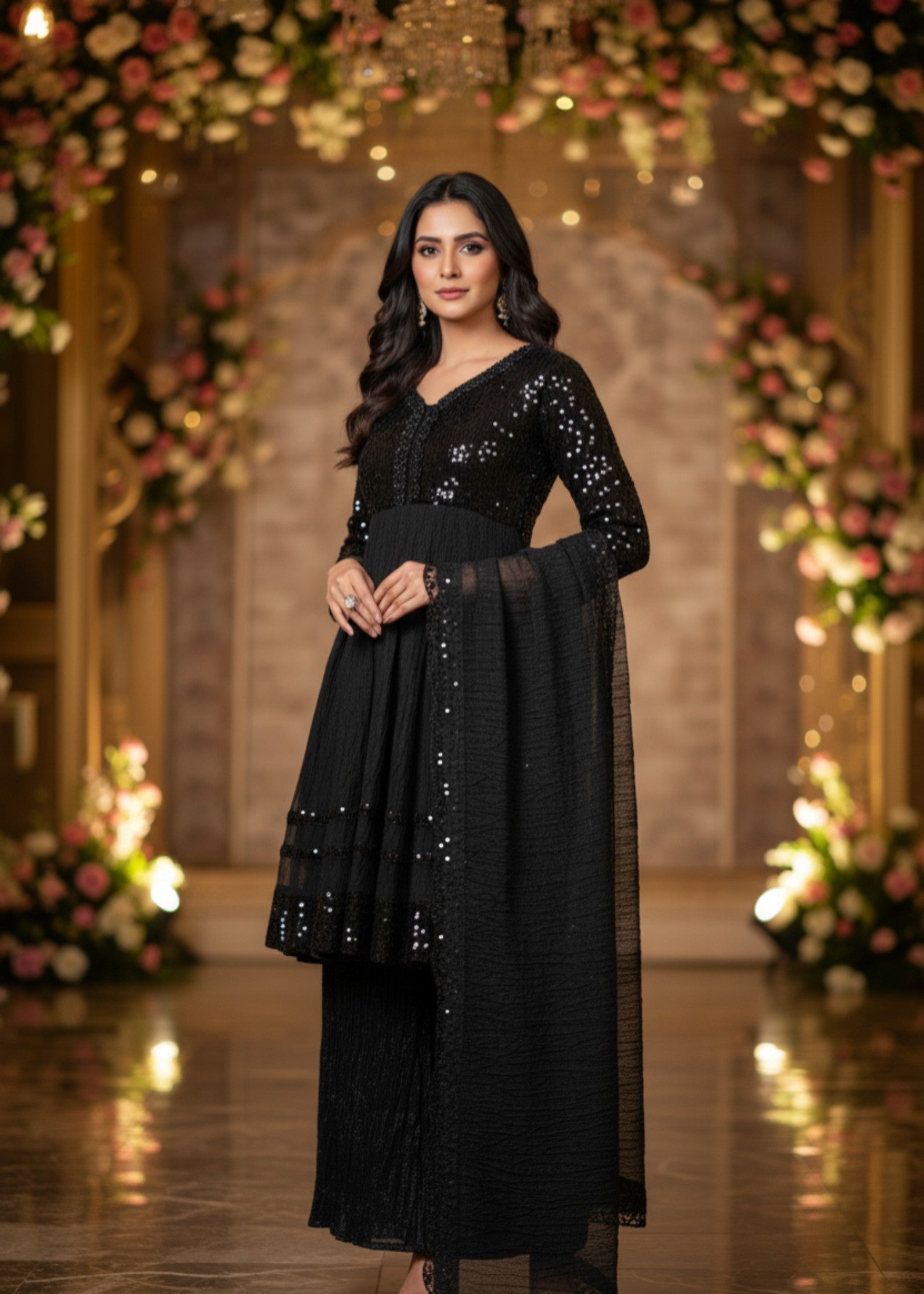 MMG Garments ZAREEN SITARA CLASSICAL CREATION SEQUINE FROCK BLACK MMG 204 Women 3pcs