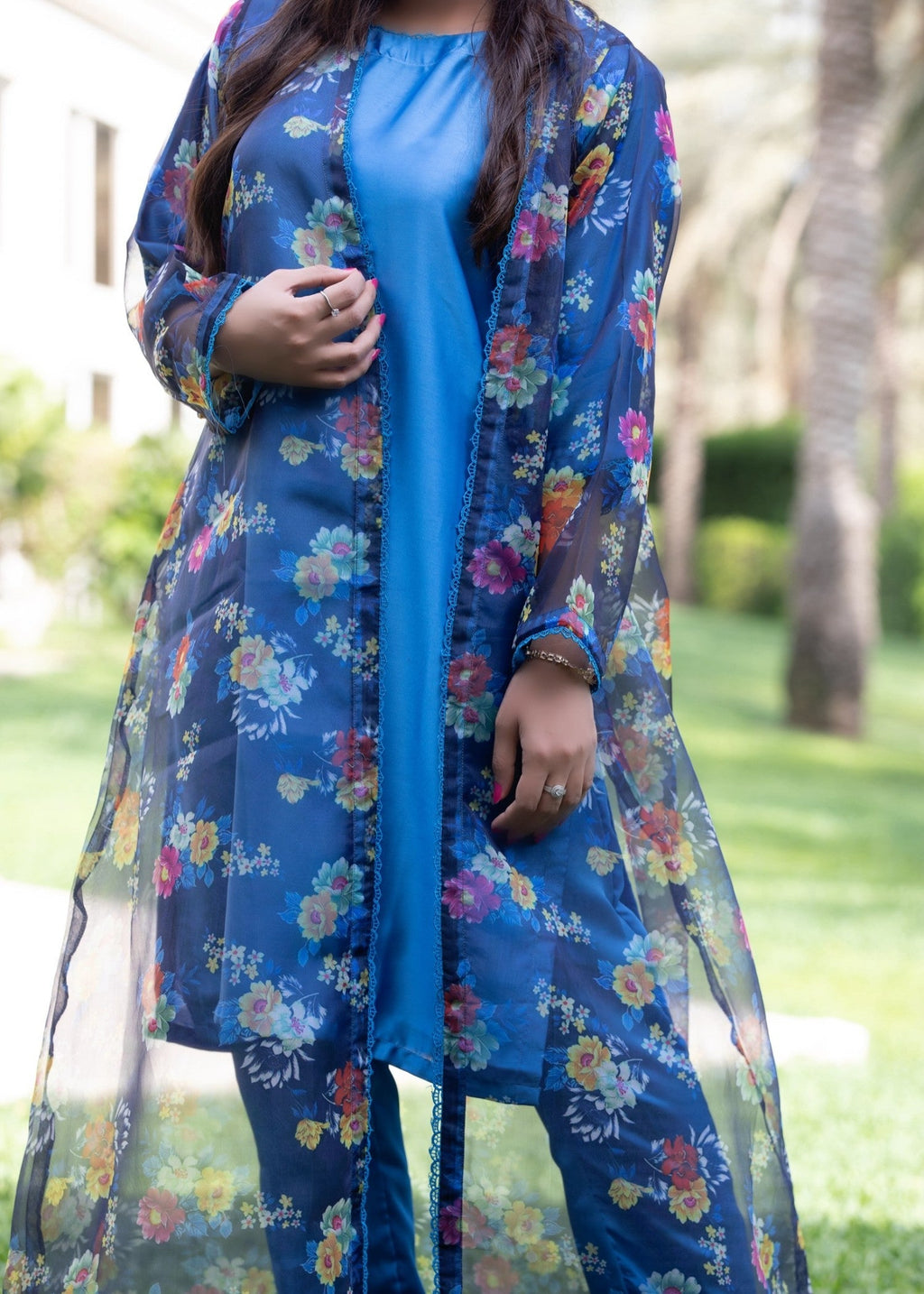 Hayati Collections Organza | Printed Gown with Silk Inner | | Dark Blue Women 3pcs