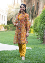 Hayati Collections Organza | Printed Gown with Inner Silk | | Mustard Brown Women 3pcs