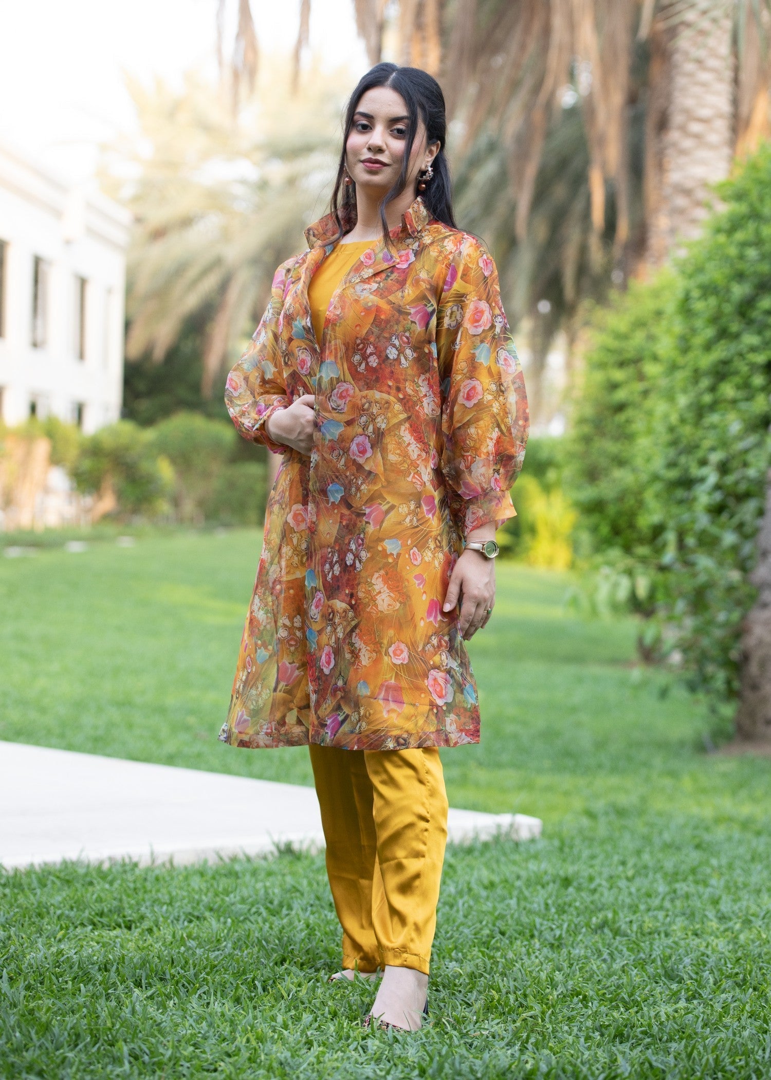 Hayati Collections Organza | Printed Gown with Inner Silk | | Mustard Brown Women 3pcs