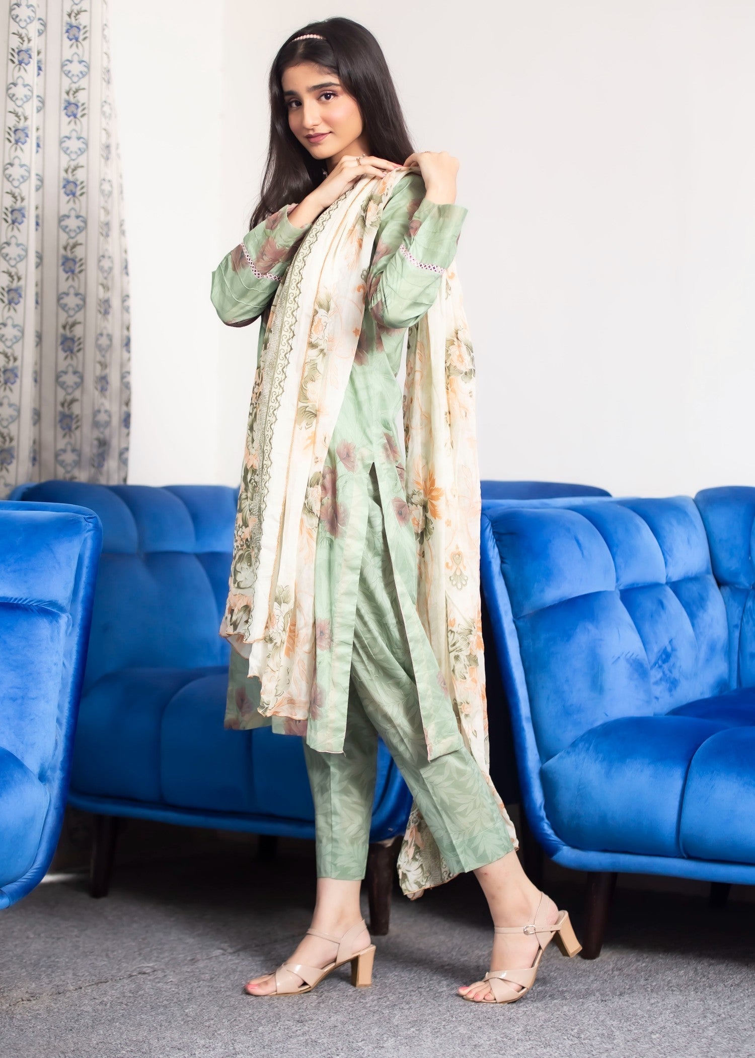 Hayati Collections Lawn | with Chiffon Dupatta | Tea Green Women 3pcs