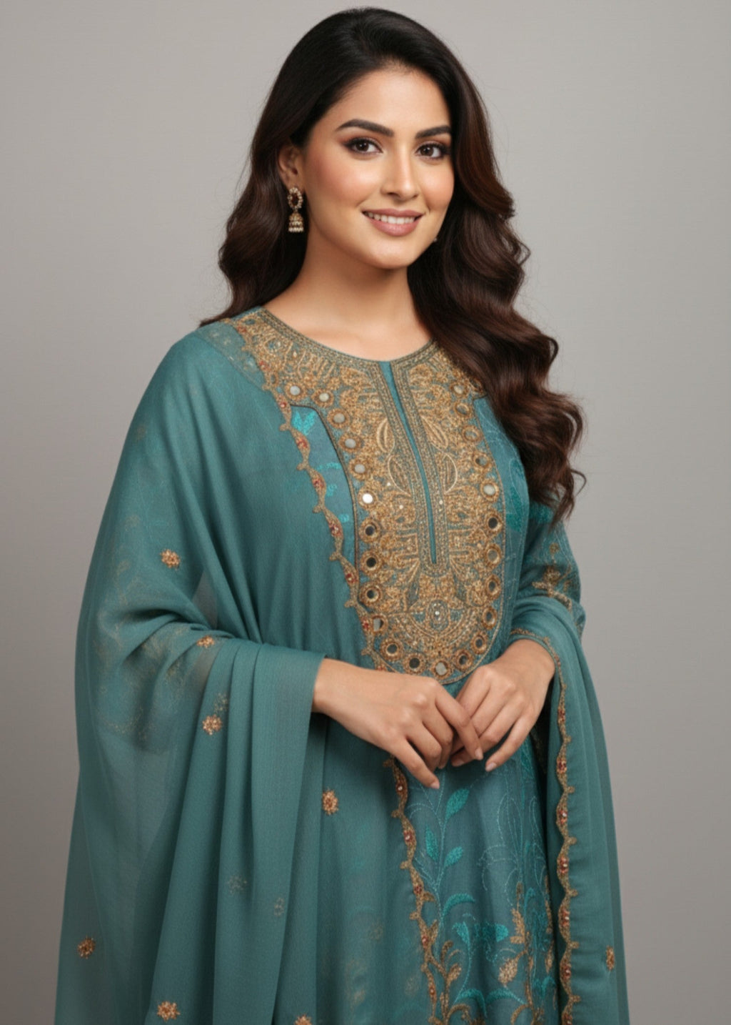 MMG Garments AMIRA| CHIFFON EMBROIDERED FROCK PACIFIC BLUE MMG 844 Women 3pcs