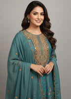 MMG Garments AMIRA| CHIFFON EMBROIDERED FROCK PACIFIC BLUE MMG 844 Women 3pcs