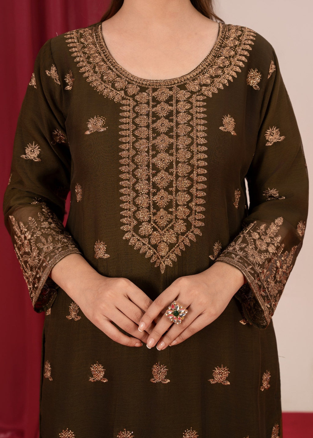 Four Season Boutique YUMNA PLAZZO OLIVE GREEN Women 3pcs