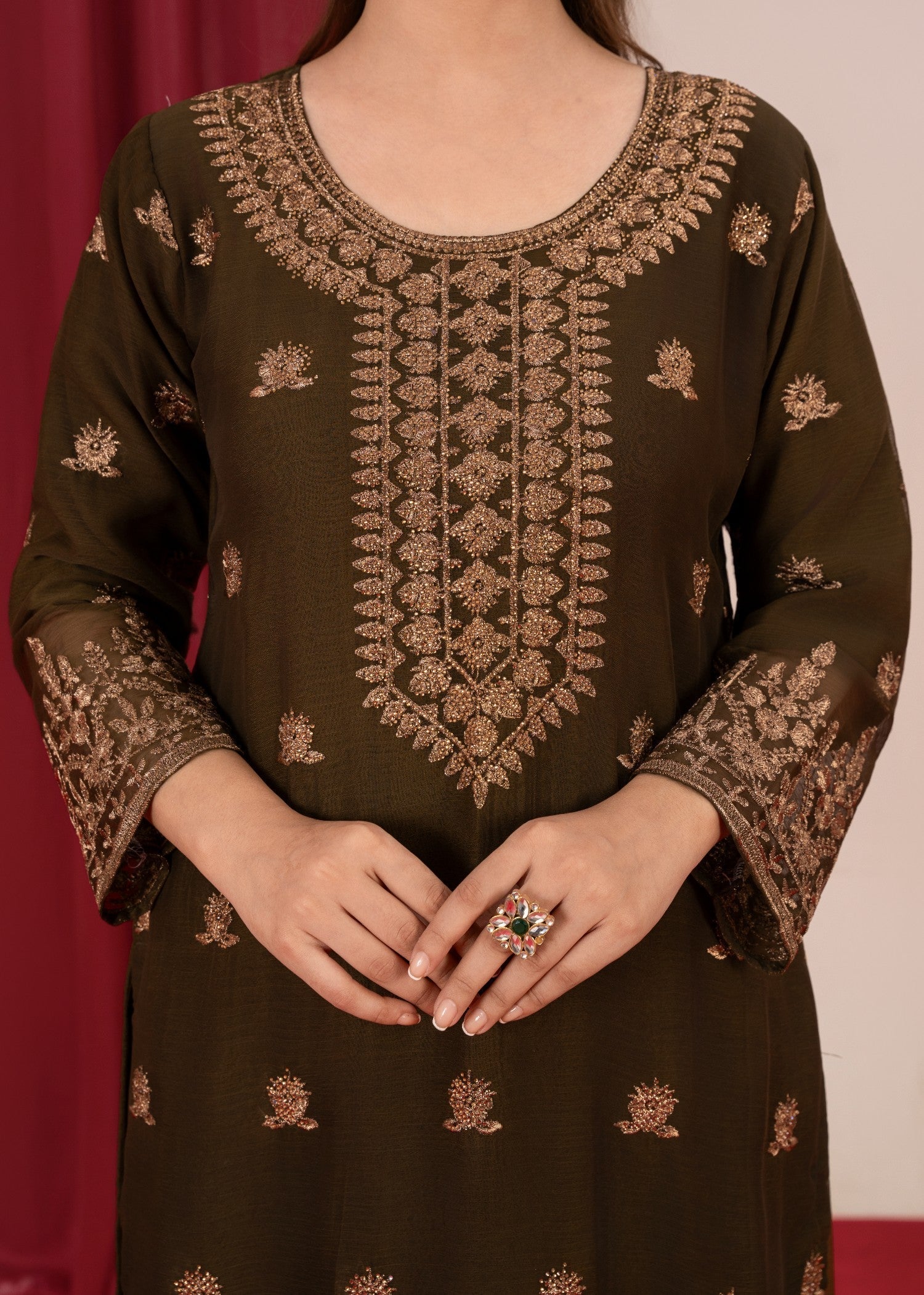 Four Season Boutique YUMNA PLAZZO OLIVE GREEN Women 3pcs