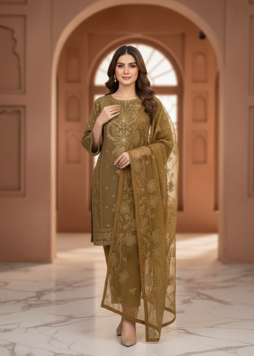 MMG Garments NAIRA| ORGANZA NET KURTA SET GOLDEN BROWN MMG 1048 Women 3pcs