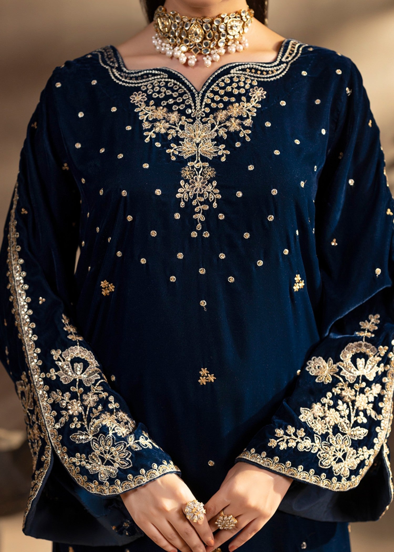 Kross Kulture Embroidered Velvet Suit Teal Women 2pcs