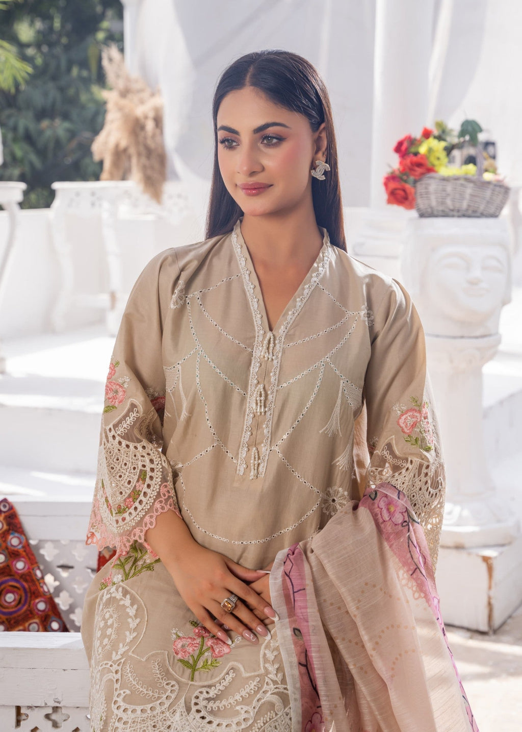 Sajfi Closet Luxury Cotton Stitched for Women | Beige Women 3pcs