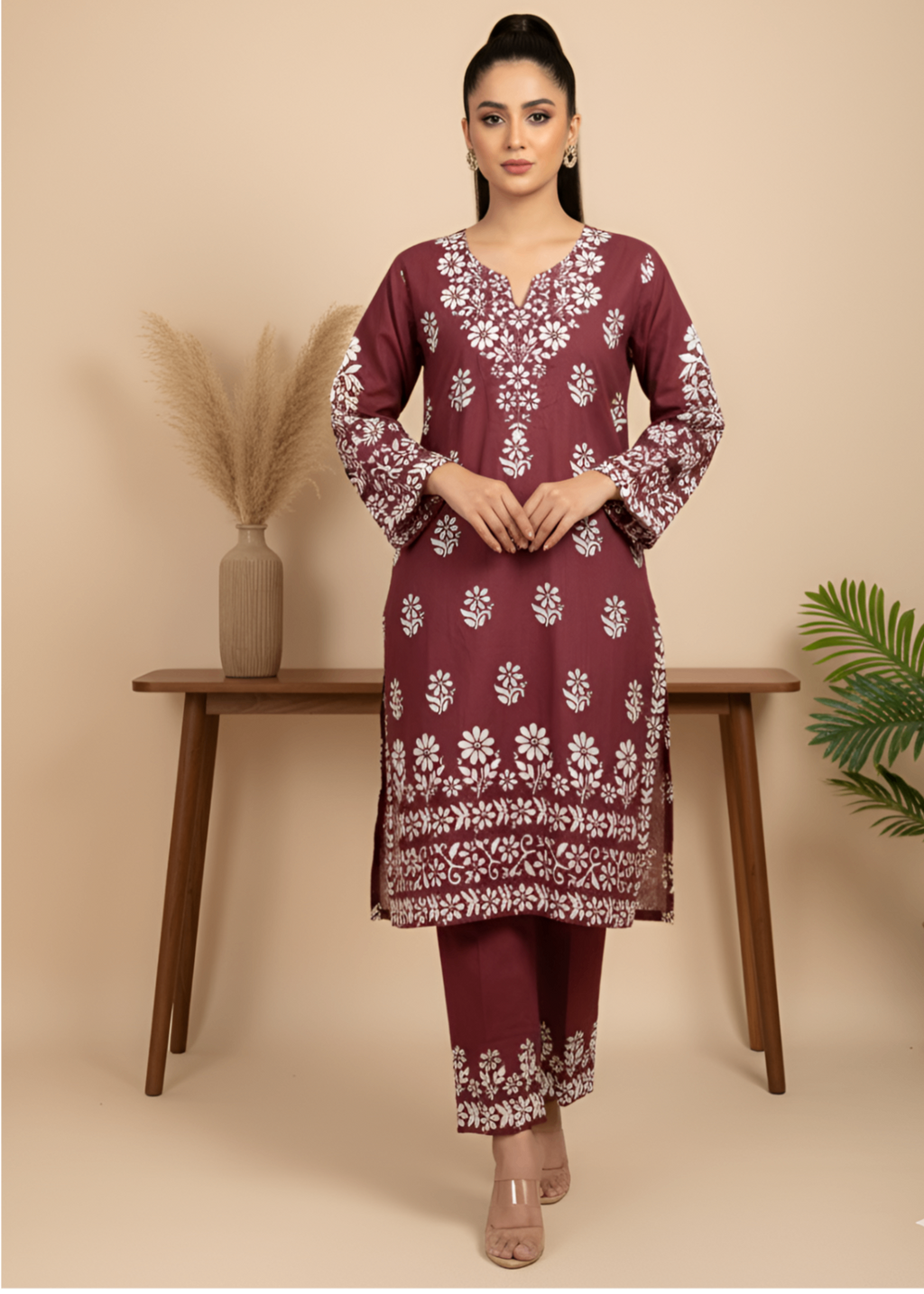 Anabya Garments Maroon Embosed Women 2pcs