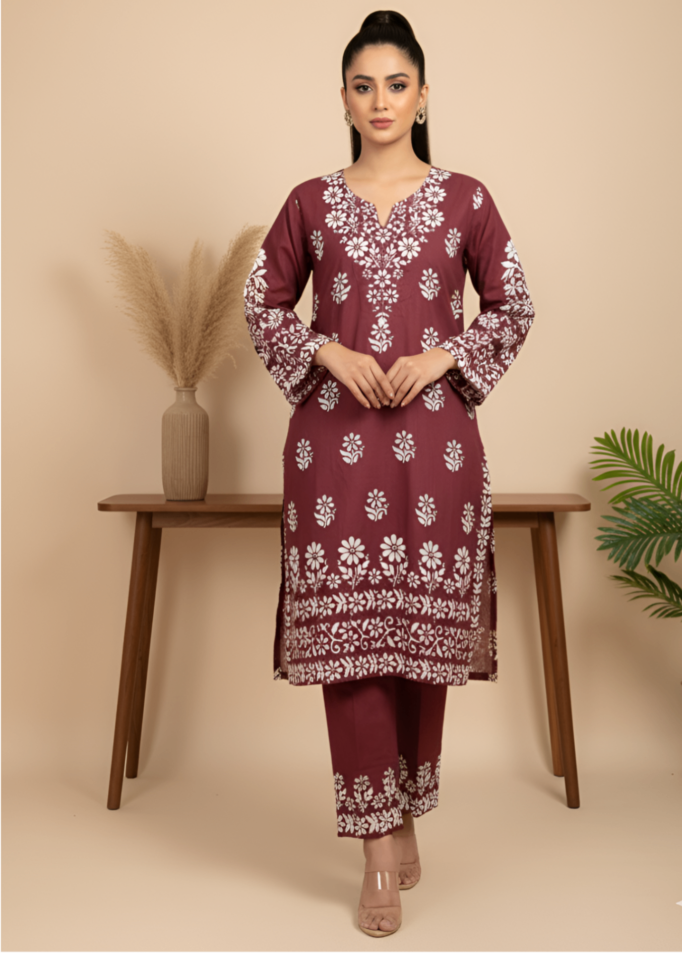 Anabya Garments Maroon Embosed Women 2pcs