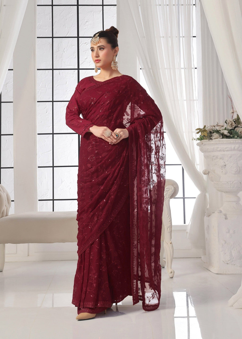 Luxeurs Maroon Chiffon Stitched Saree Women 3pcs