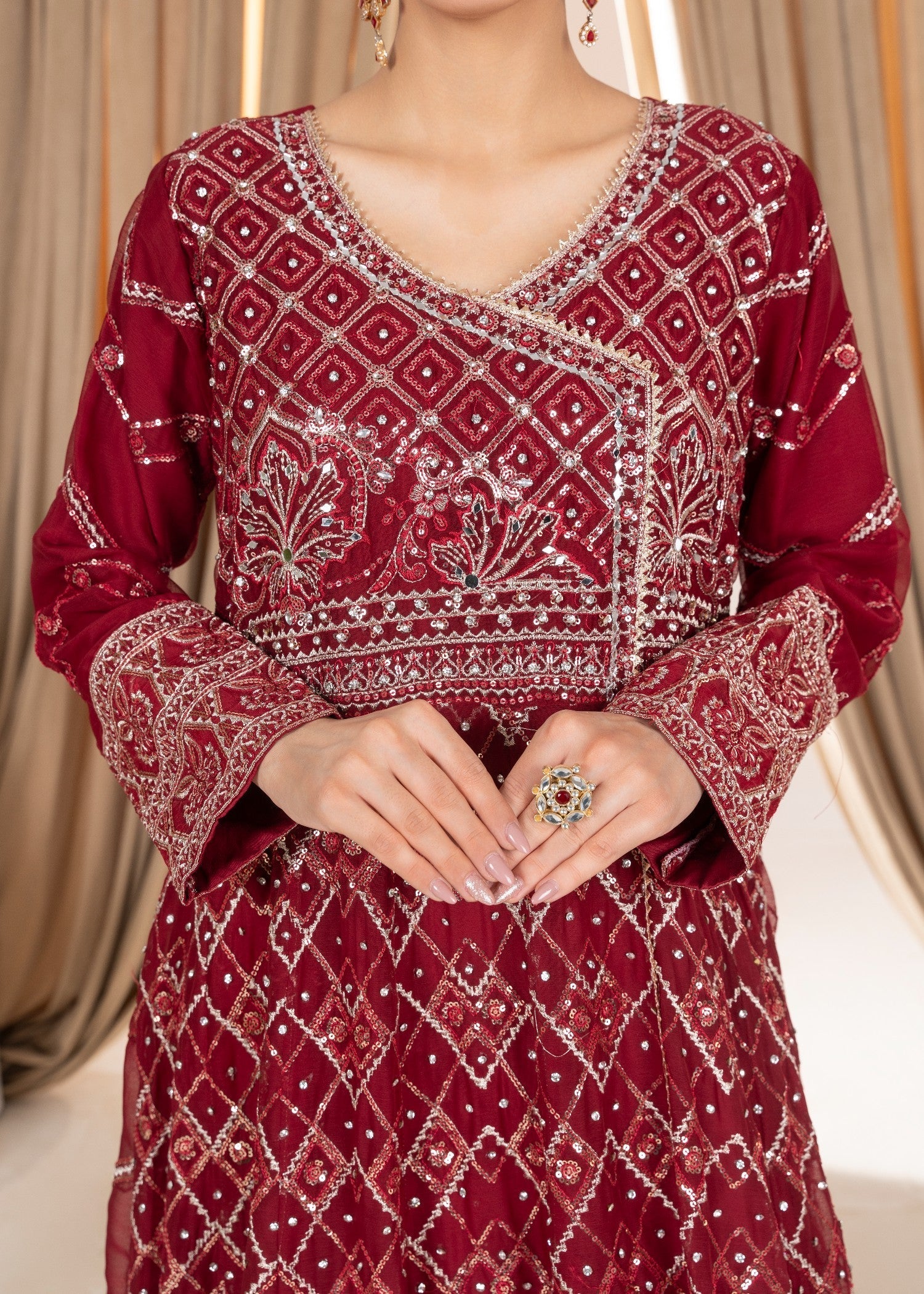 Hkb Officials Ameera Deep Maroon Chiffon Mirror Max Women 3pcs