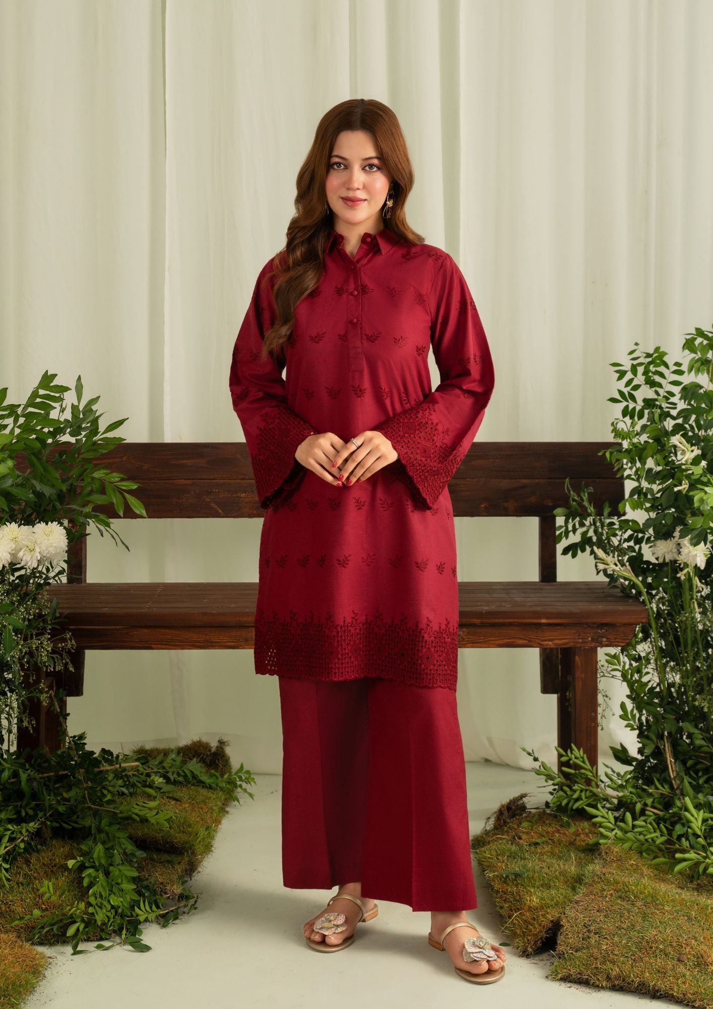 Yolo Pret Schiffli Embroidered Cambric Maroon Set Rozana W25 0029 Women 2pcs