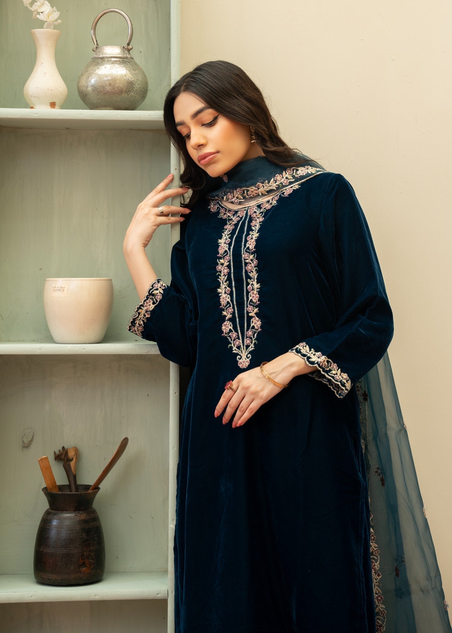 Naaz Couture Velvet Embroidered Suit Teal Women 3pcs