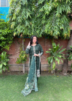 Attirepret Emerald Green Viscose Embroidered Cotton Suit Women 3pcs