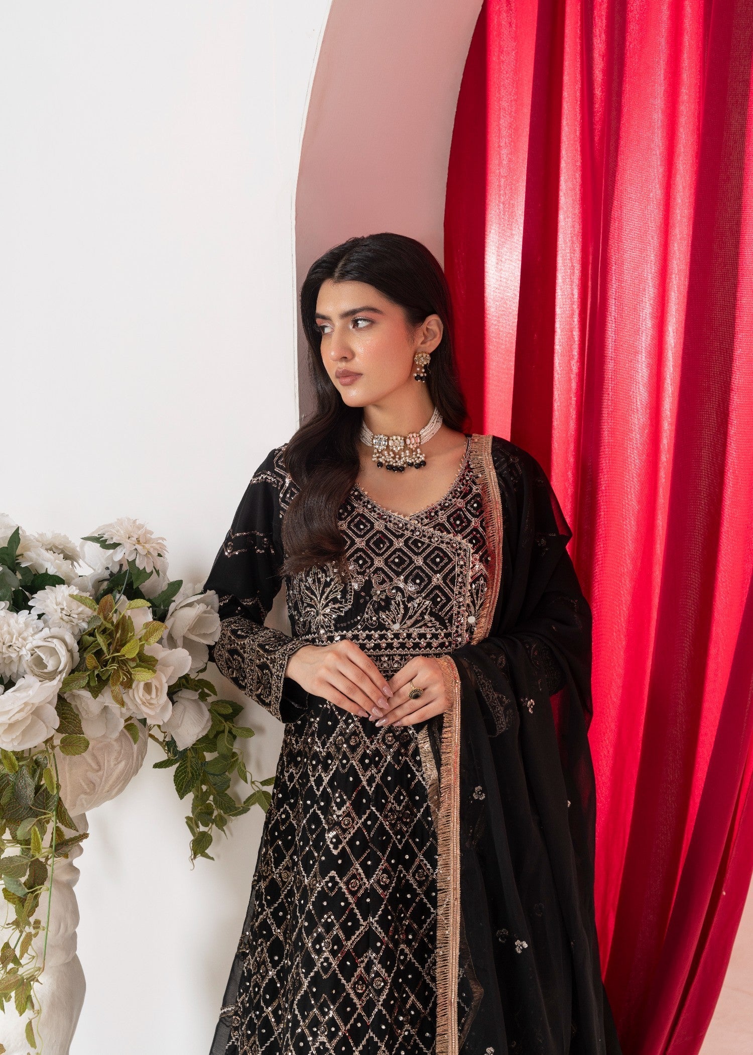 Hkb Officials Ameera Velour Black Chiffon Angarkha Mirror Maxi Women 3pcs