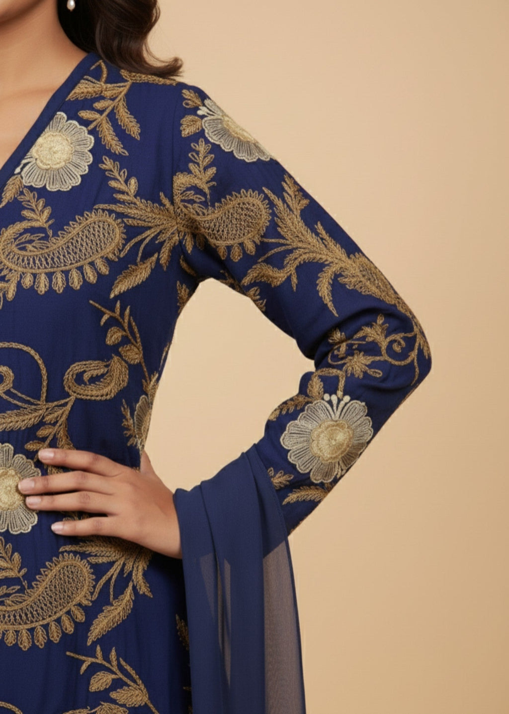 MMG Garments INDO WESTERN EMBROIDERED KURTA SET NAVY BLUE MMG Women 4pcs