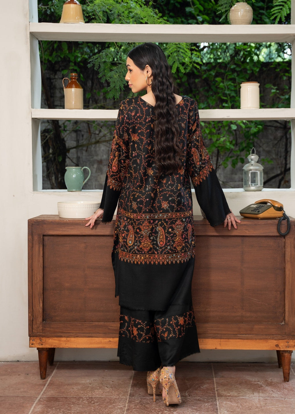 Naaz Couture Pashmina Wool Embroidered Coord Set Black Women 2pcs