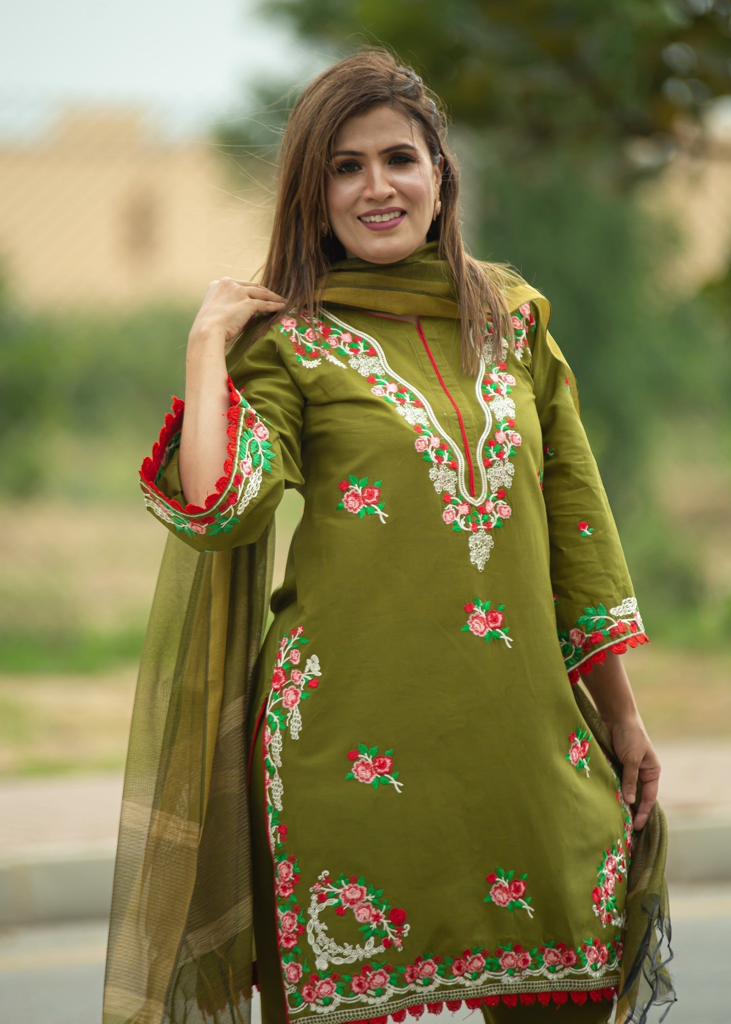 Hayati Collections Pure Cotton |Embroidery with Delicate Bead Detailing | Mehndi Green Women 3pcs