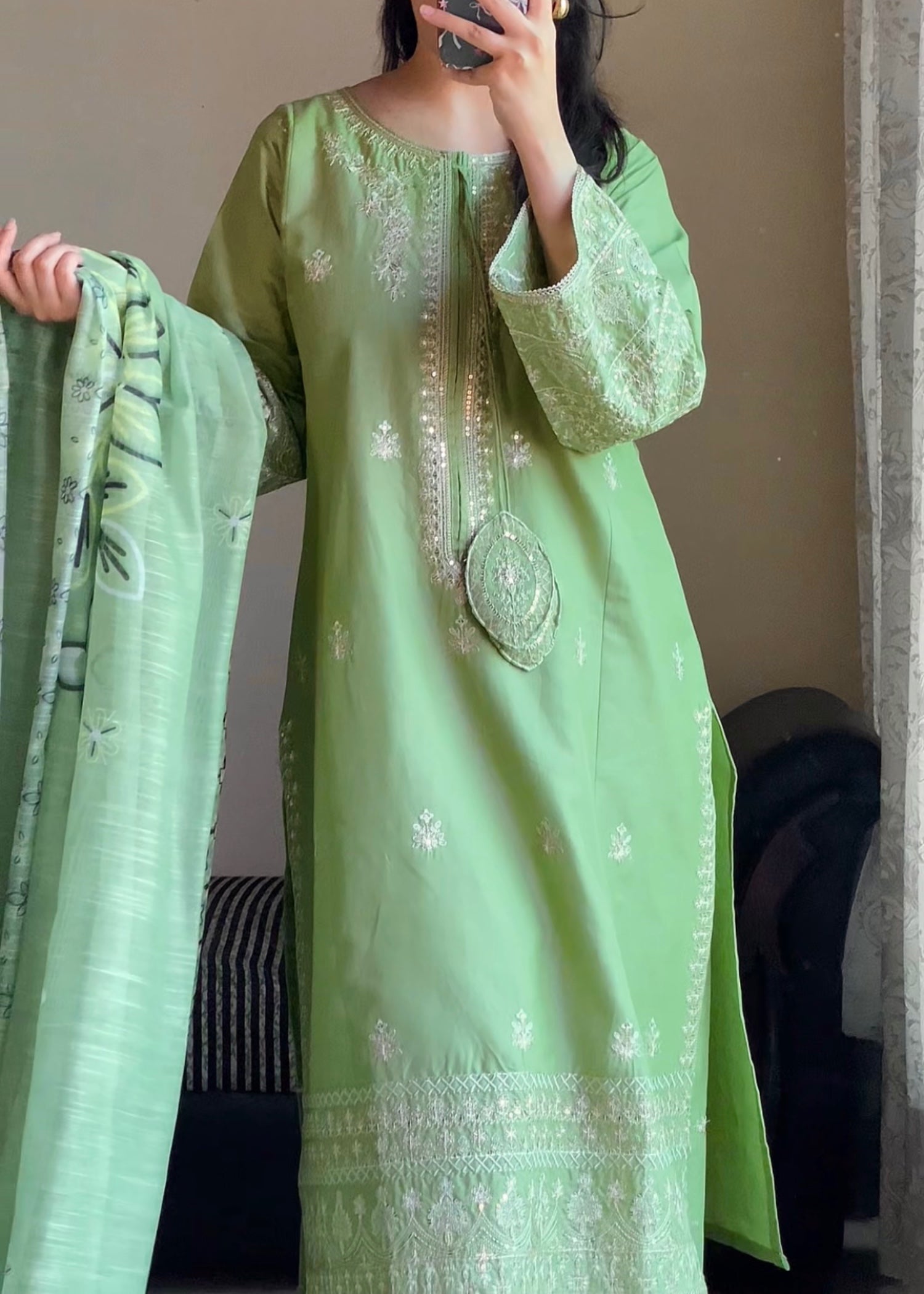 Attirepret Pistachio Green Embroidered Cotton Suit – By Women 3pcs