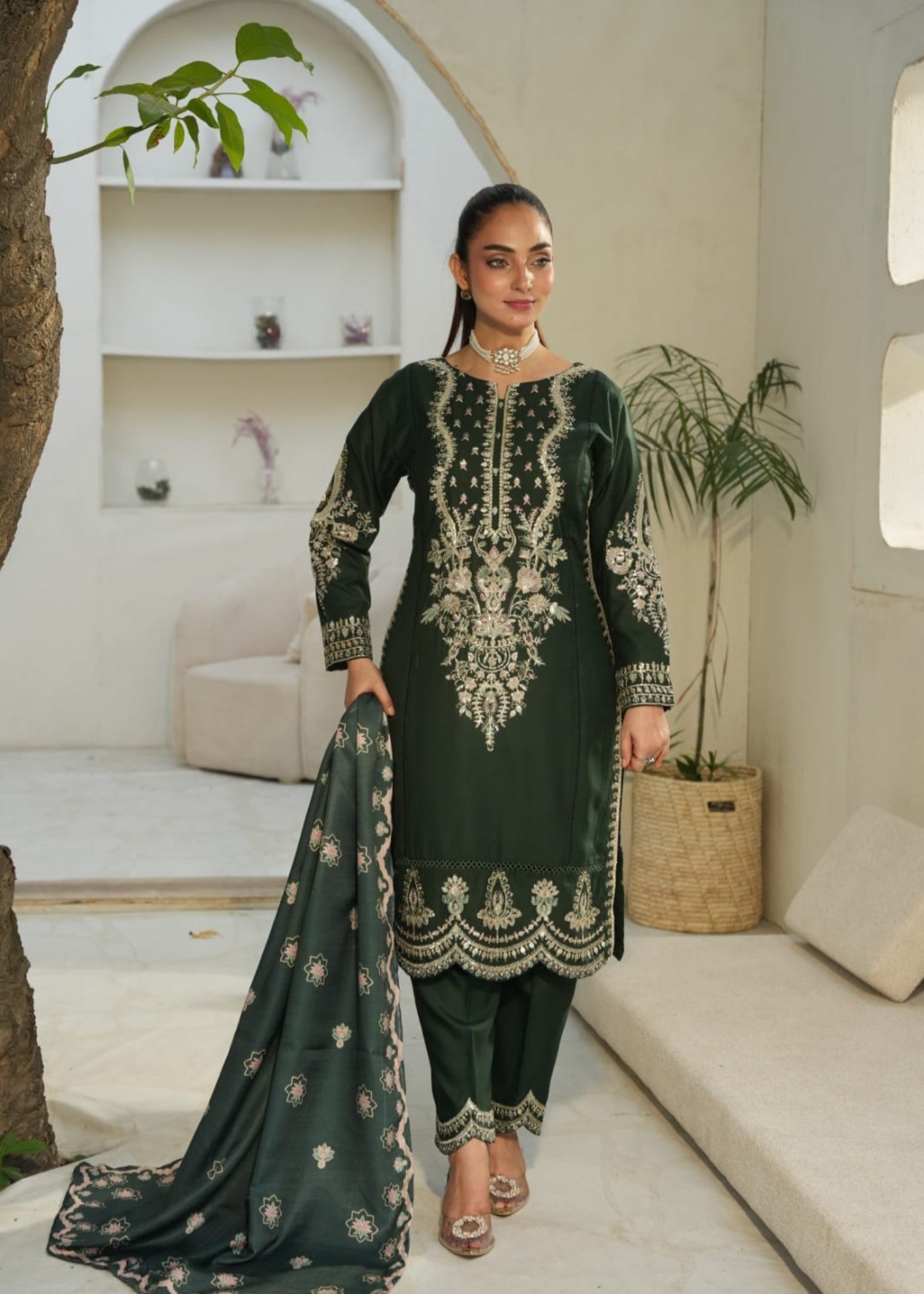 Designer Rack Dhanak embraided green Women 3pcs